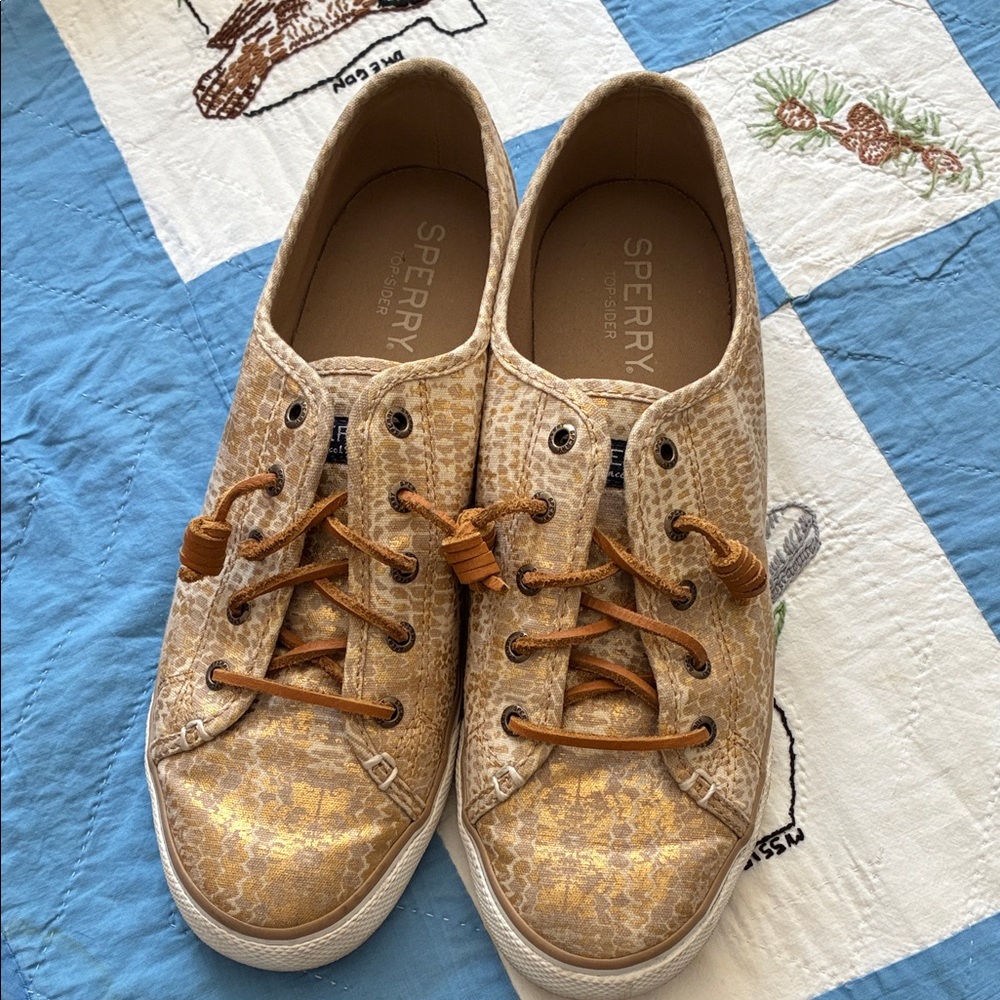 Sperry gold and beige slip on sneaker